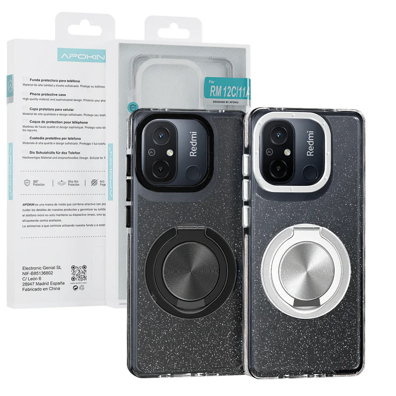 Capa com Purpurina e Suporte 360 Apokin para Xiaomi Redmi 12C Prata - Imagem 1