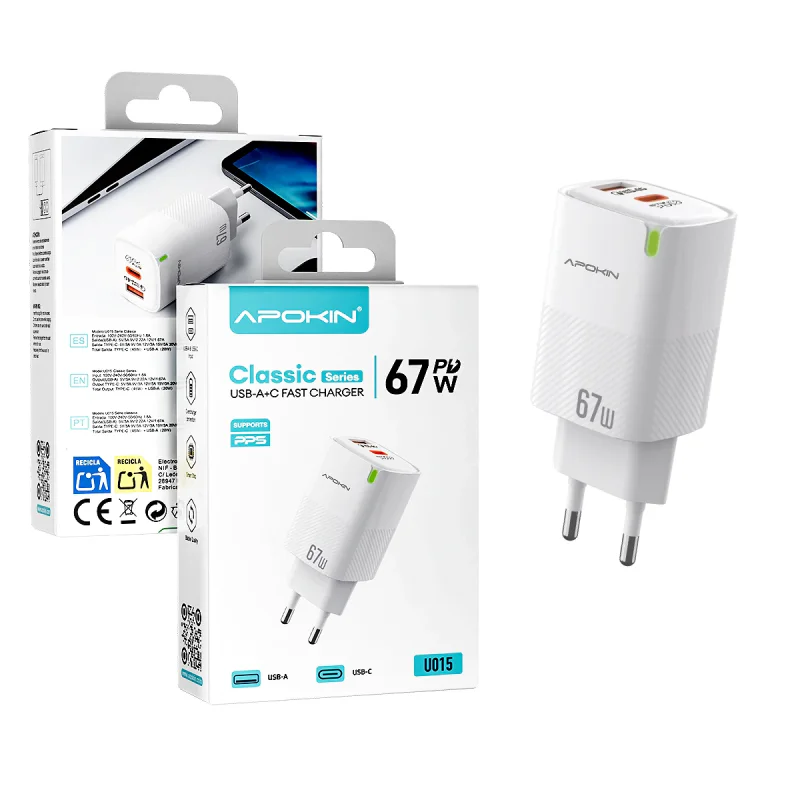 Carregador de Rede Apokin USB-A e USB-C QC 4.0 67 W - Imagem 1