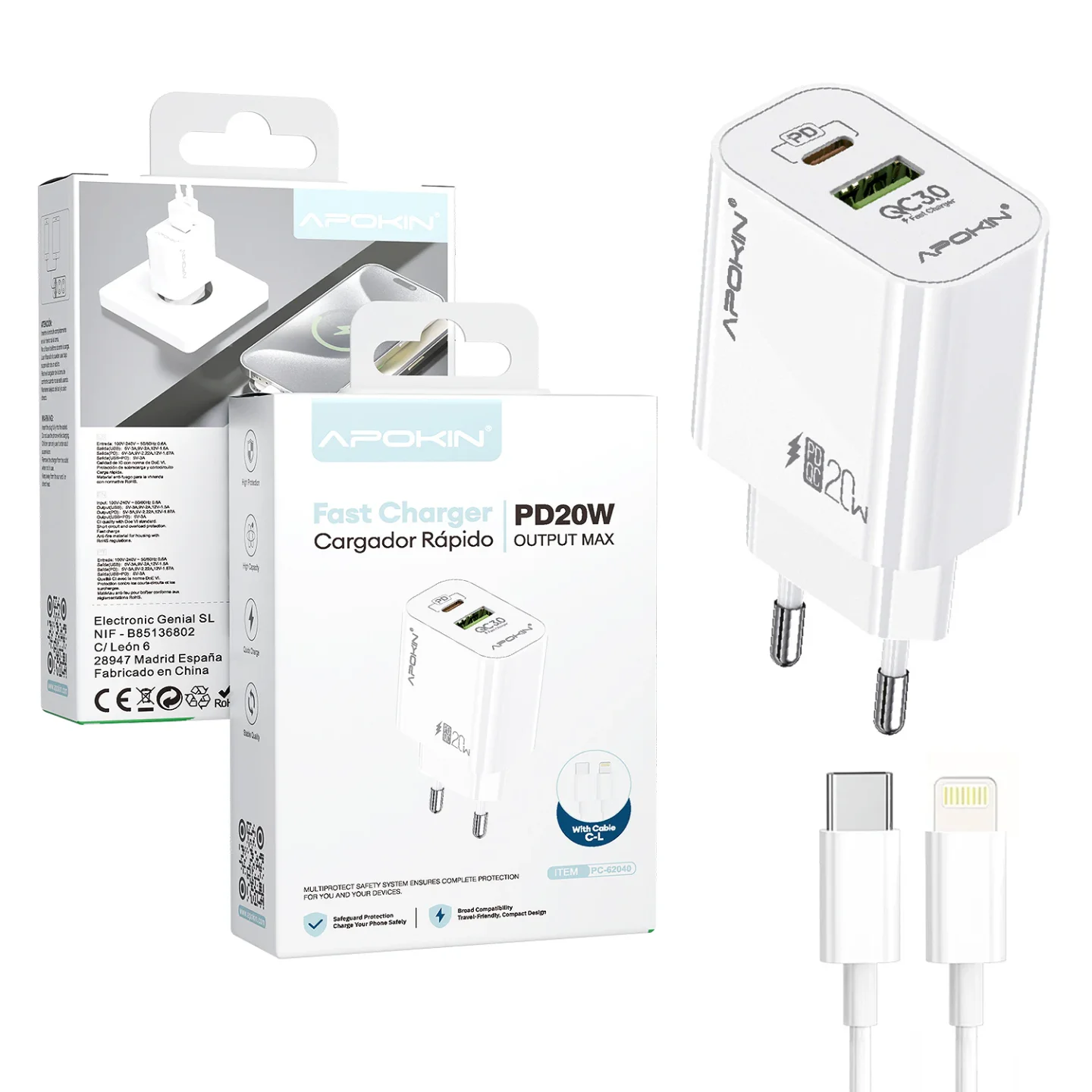Carregador Rápido Apokin 20 W USB-A e USB-C PD com Cabo USB-C para Lightning