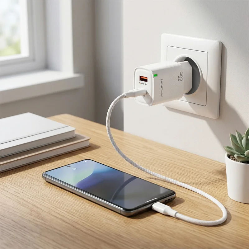 Carregador de Parede Apokin USB-C e USB-A 25 W 3,0 A com Cabo USB-C Branco - Imagem 2