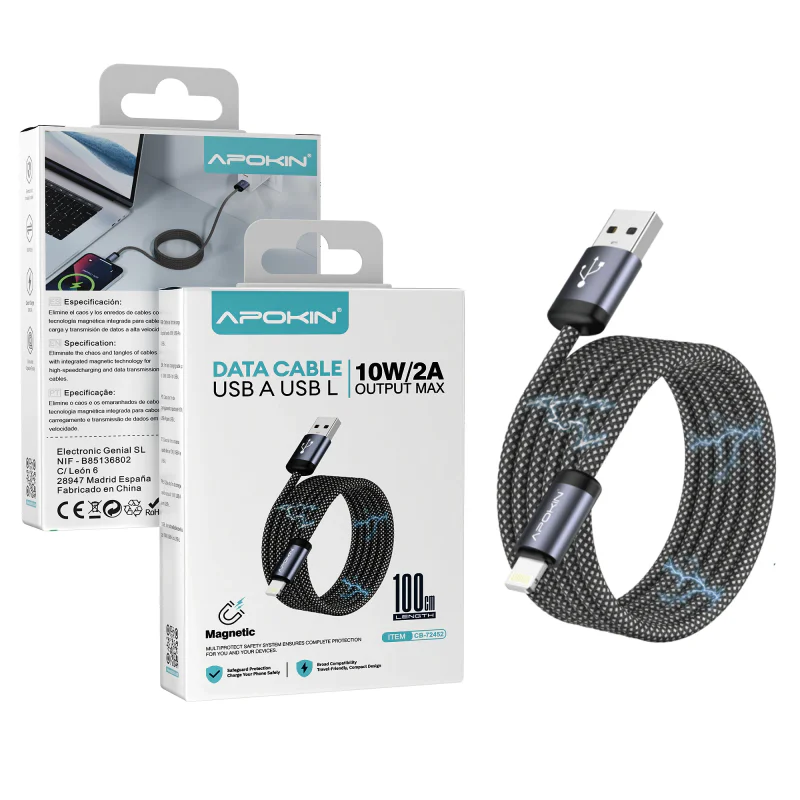 Cabo USB Apokin USB-A para Lightning 10 W 2 A 1 m Autoenrolável