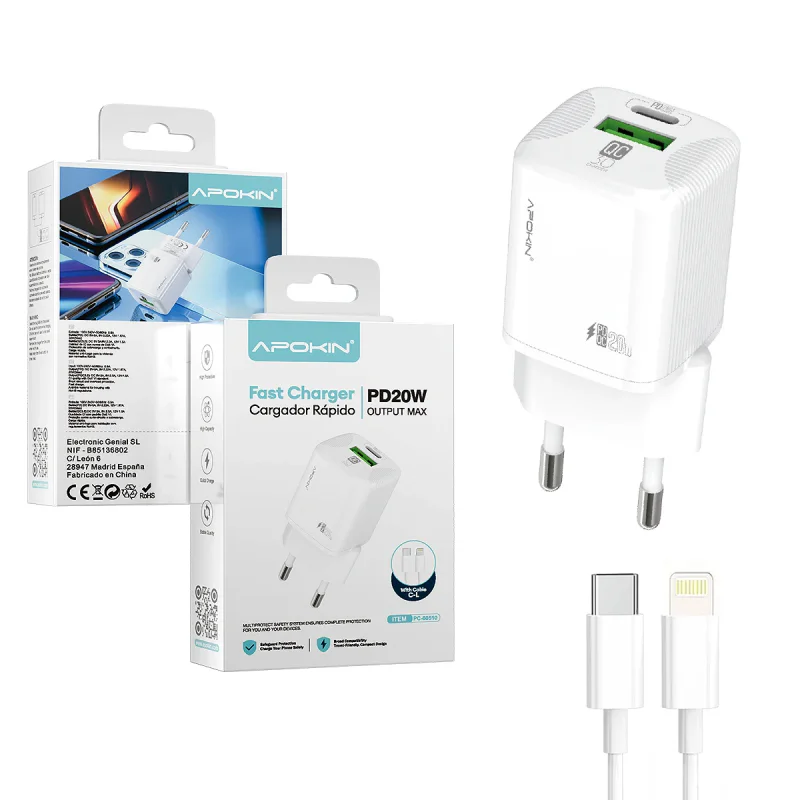 Carregador de Parede Apokin Duplo USB-A e PD 20 W 3,0 A Branco