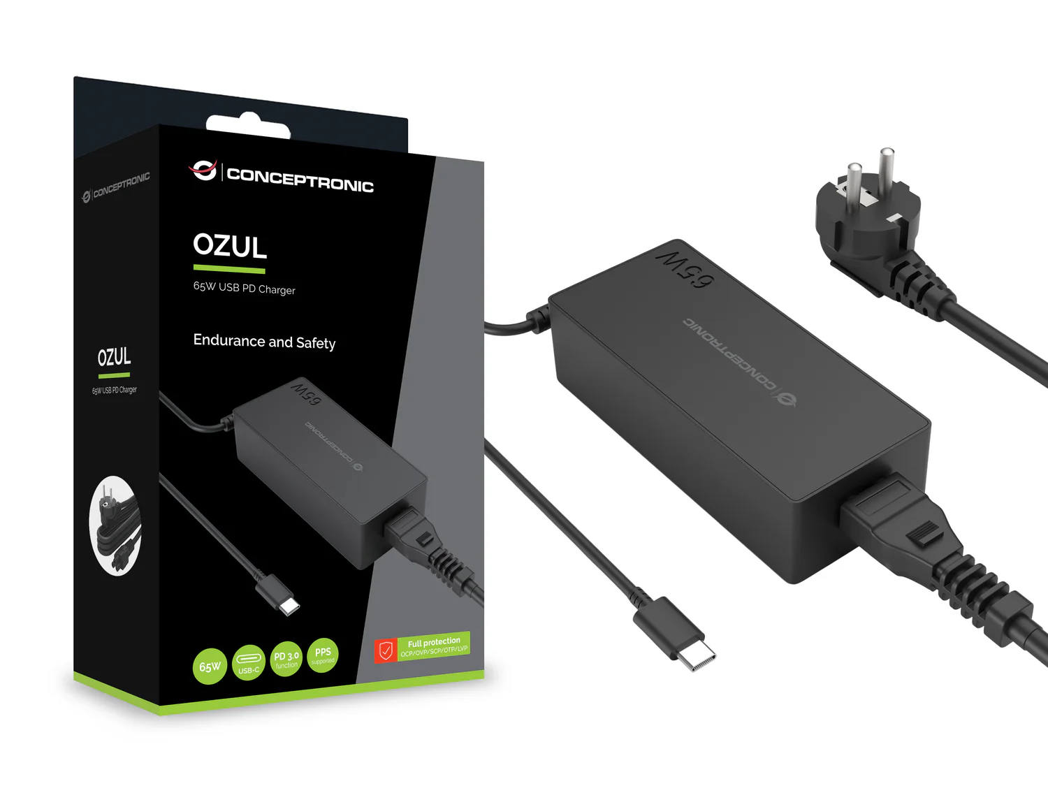 Carregador USB-C Conceptronic OZUL09BE 65W USB Power Delivery 3.0 PPS com Cabo USB-C Integrado Preto - Imagem 4