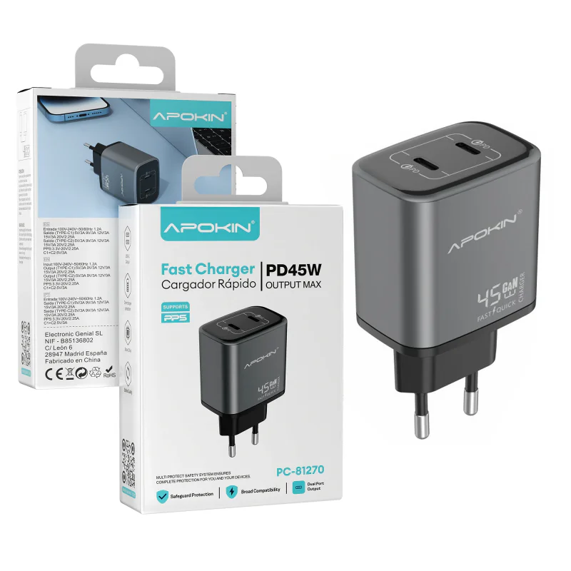 Carregador de Parede Apokin Duplo USB-C 45 W Preto