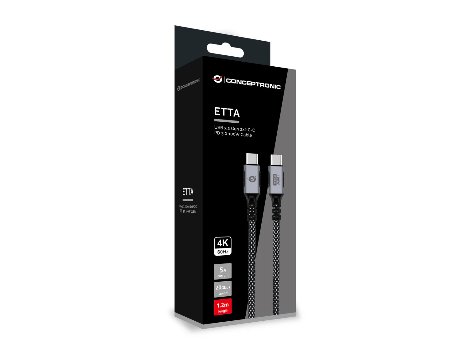 Cabo USB-C Conceptronic ETTA07B12 USB 3.2 Gen 2x2 20 Gbps PD 100W 4K 60Hz E-Mark Entrançado 1,2 m Preto - Imagem 4