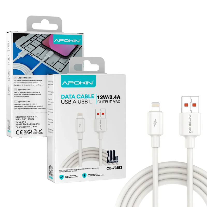 Cabo Apokin USB-A para Lightning 12 W 2,4 A 2 m Branco