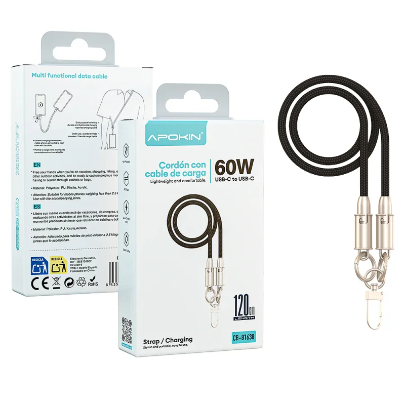 Cabo e Cordão 2 em 1 Apokin USB-C para USB-C 60 W 120 cm Preto