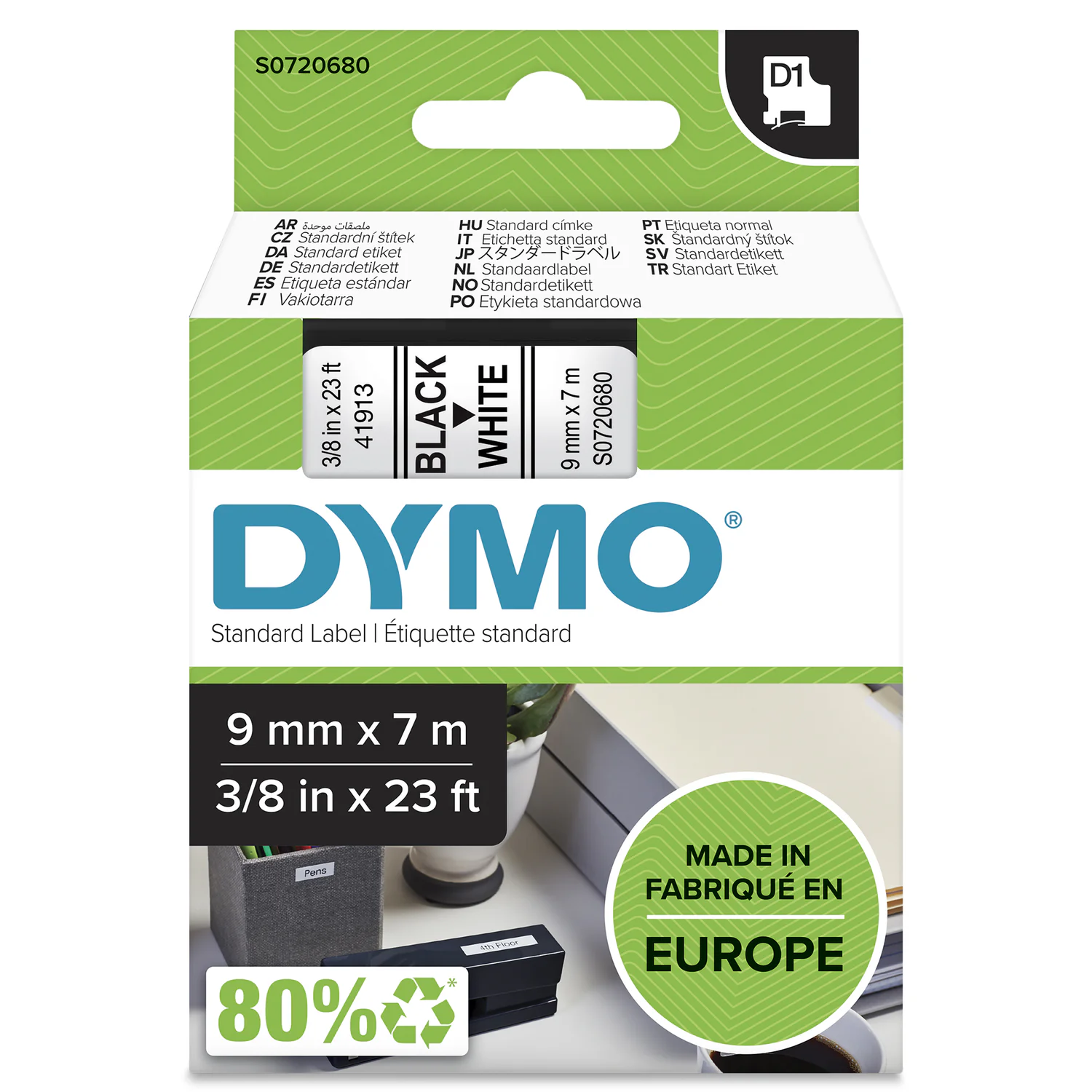 Fita Rotuladora Dymo D1 Standard 9 mm x 7 m Preto sobre Branco