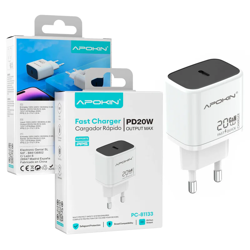 Carregador de Rede Apokin 81157 USB-C 20 W 3.0A com Cabo USB-C Branco