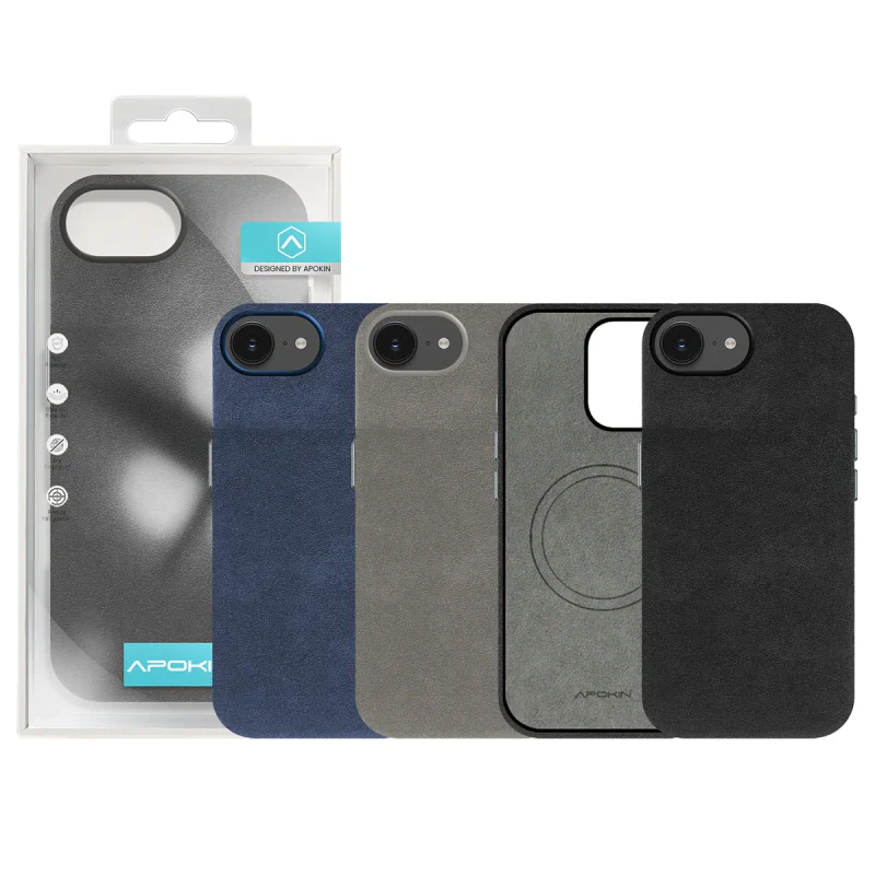 Capa Apokin em Pele Tipo Alcantara para iPhone 16e Cinza