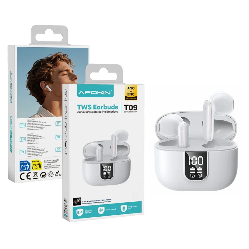 Auriculares Apokin T09 TWS Sem Fios com ANC ENC e Bluetooth 5.4 Branco