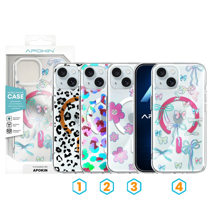 Capa MagSafe Apokin para iPhone 15 Transparente com Flores Cor-de-rosa 4