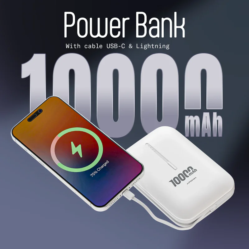 Powerbank Apokin 10000 mAh com Cabos Integrados Branco - Imagem 2