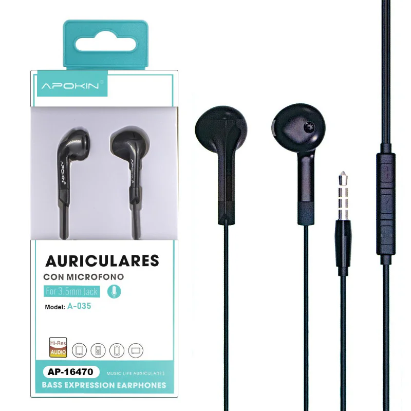 Auscultadores Apokin com Microfone A034 Preto - Imagem 2