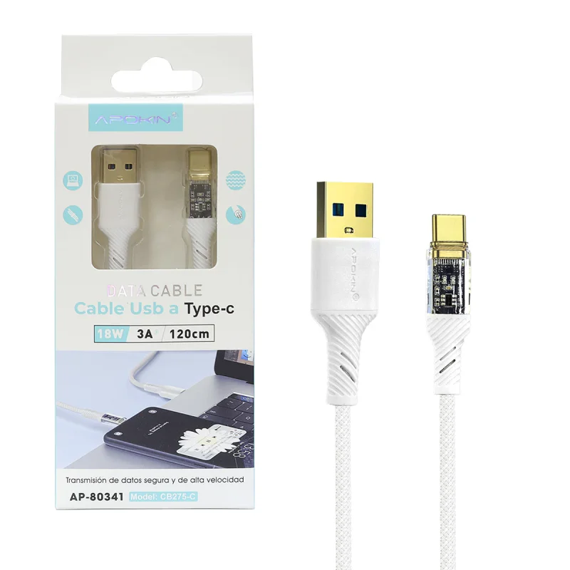 Cabo USB Apokin USB-C para USB 3.0 1,20 m 18 W 3 A Transparente e Branco