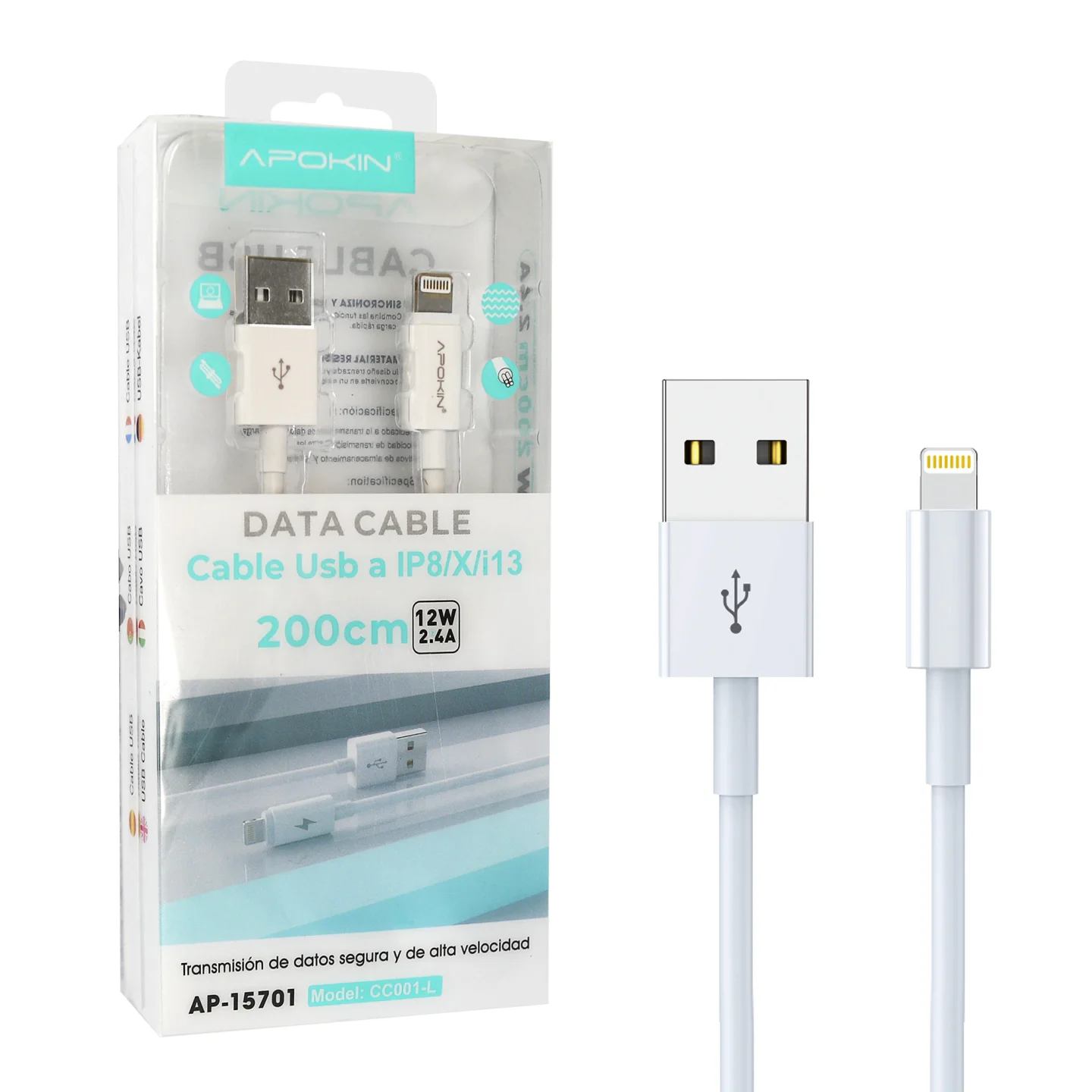 Cabo USB-A para Lightning 2 m 2,4 A Branco Apokin