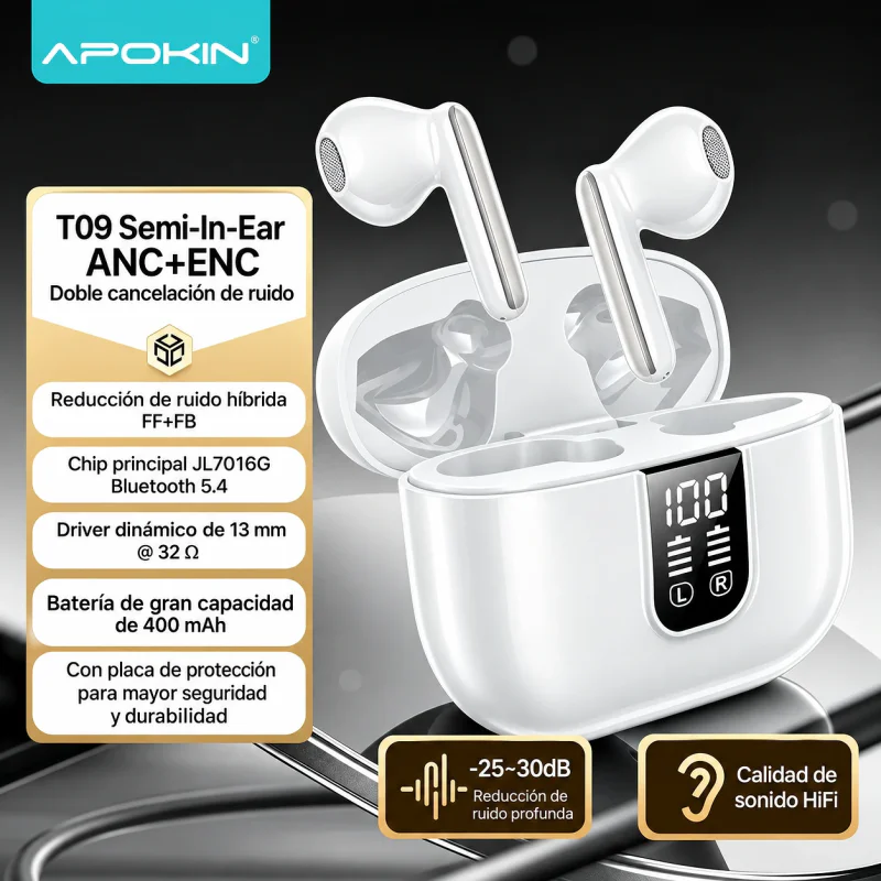 Auriculares Apokin T09 TWS Sem Fios com ANC ENC e Bluetooth 5.4 Branco - Imagem 3