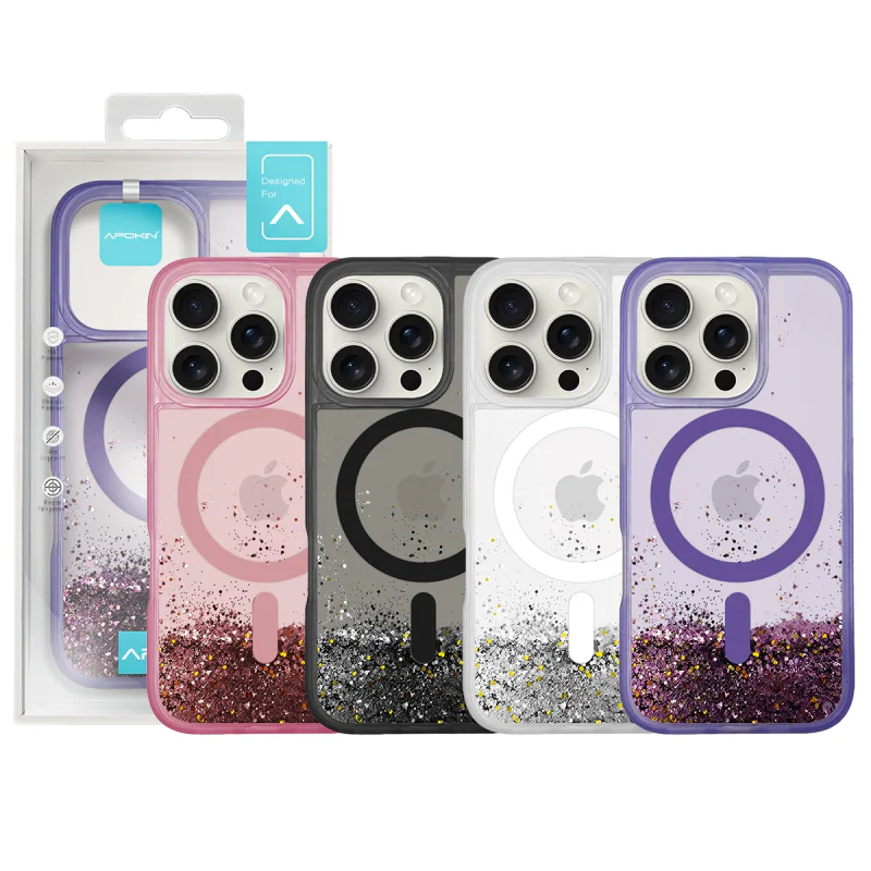 Capa Apokin para iPhone 15 Pro Purpurina Líquida com MagSafe Rosa