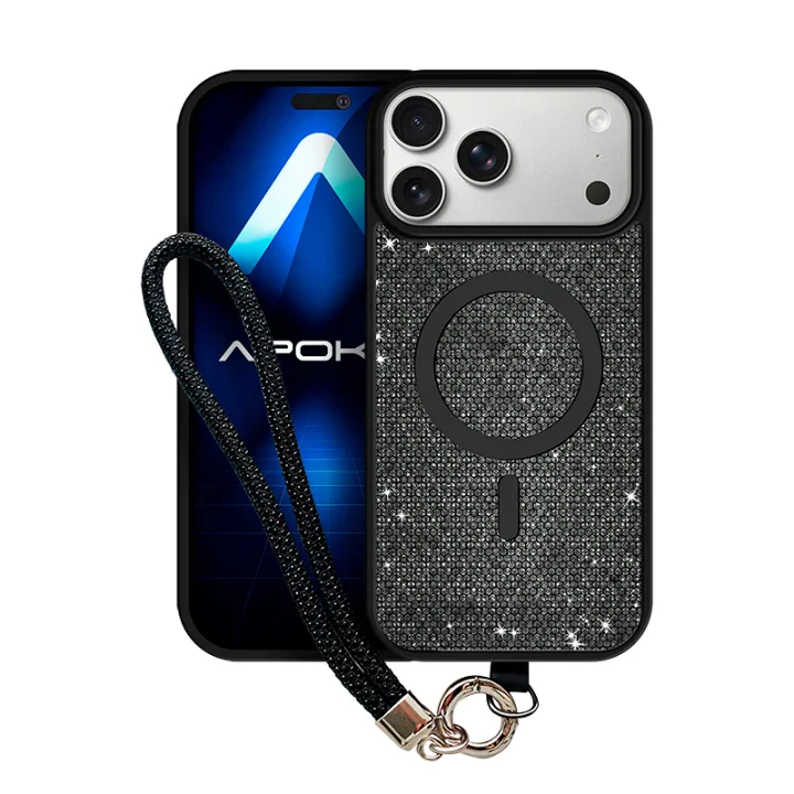 Capa Apokin iPhone 17 Pro com MagSafe de Diamantes e Cinta Preto - Imagem 1