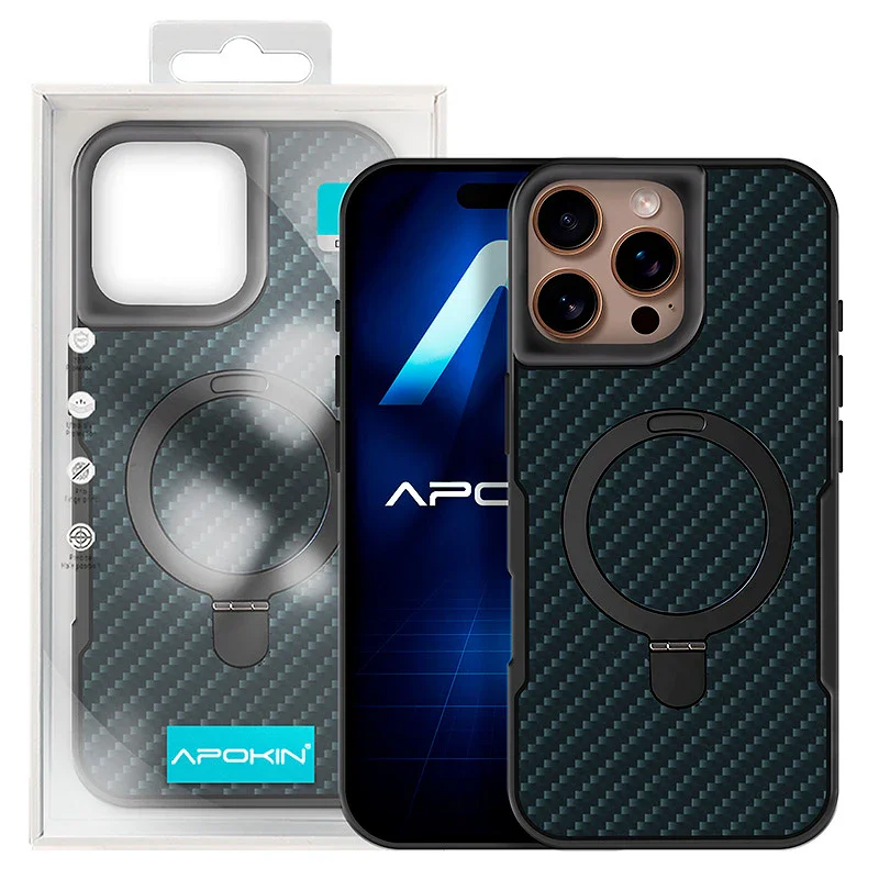 Capa Apokin para Apple iPhone 16 Pro Textura Carbono com Anel Suporte - Imagem 1