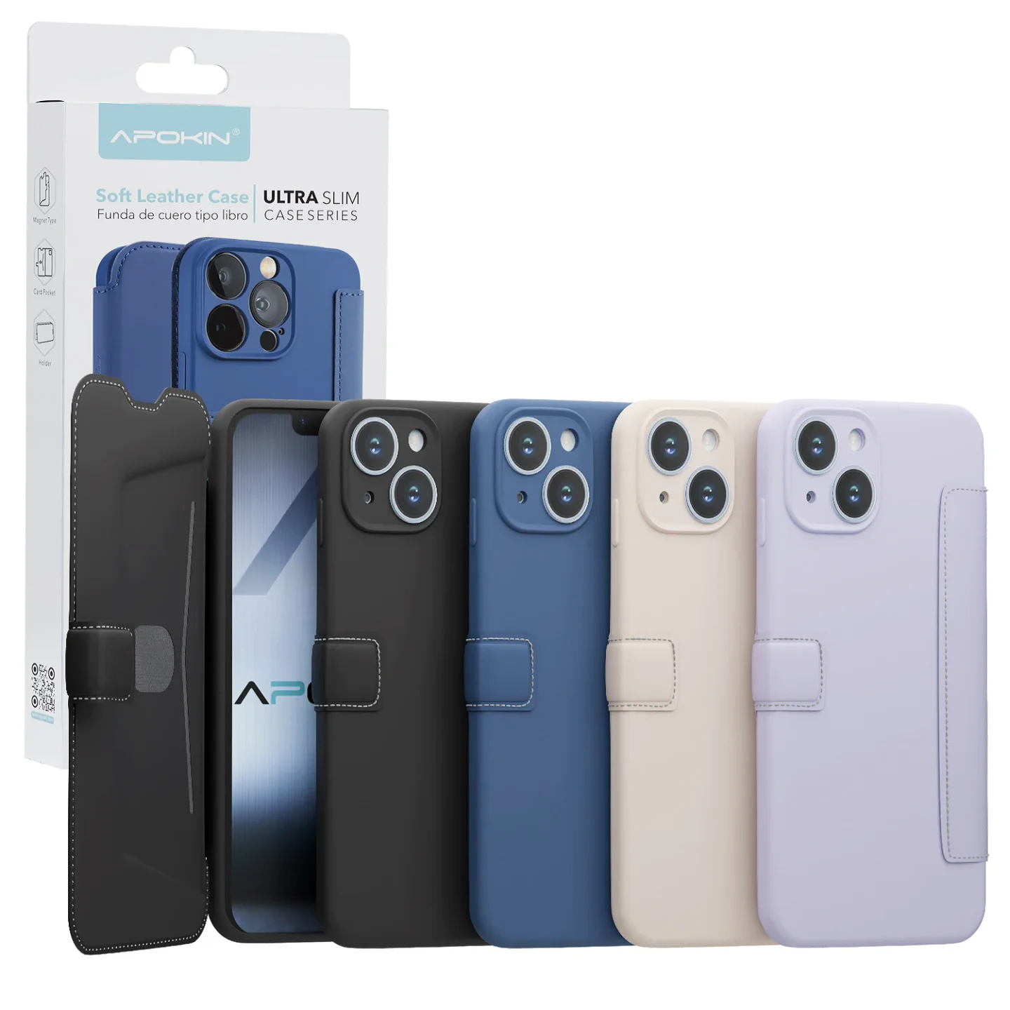 Capa Tipo Livro Apokin para iPhone 15, Couro Macio Ultra Slim - Imagem 1