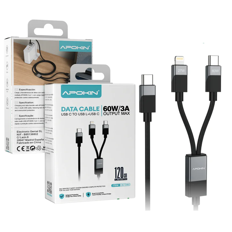 Cabo Apokin 2 em 1 USB-C para Lightning 60 W 3 A 1,2 m