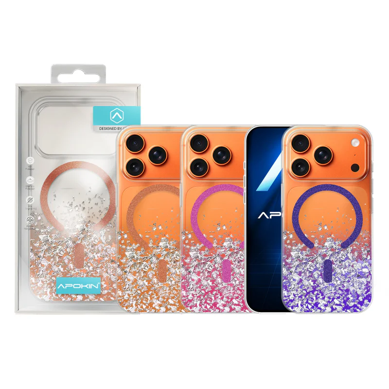 Capa Apokin para iPhone 17 Pro e 18 Pro com Purpurina e MagSafe Laranja