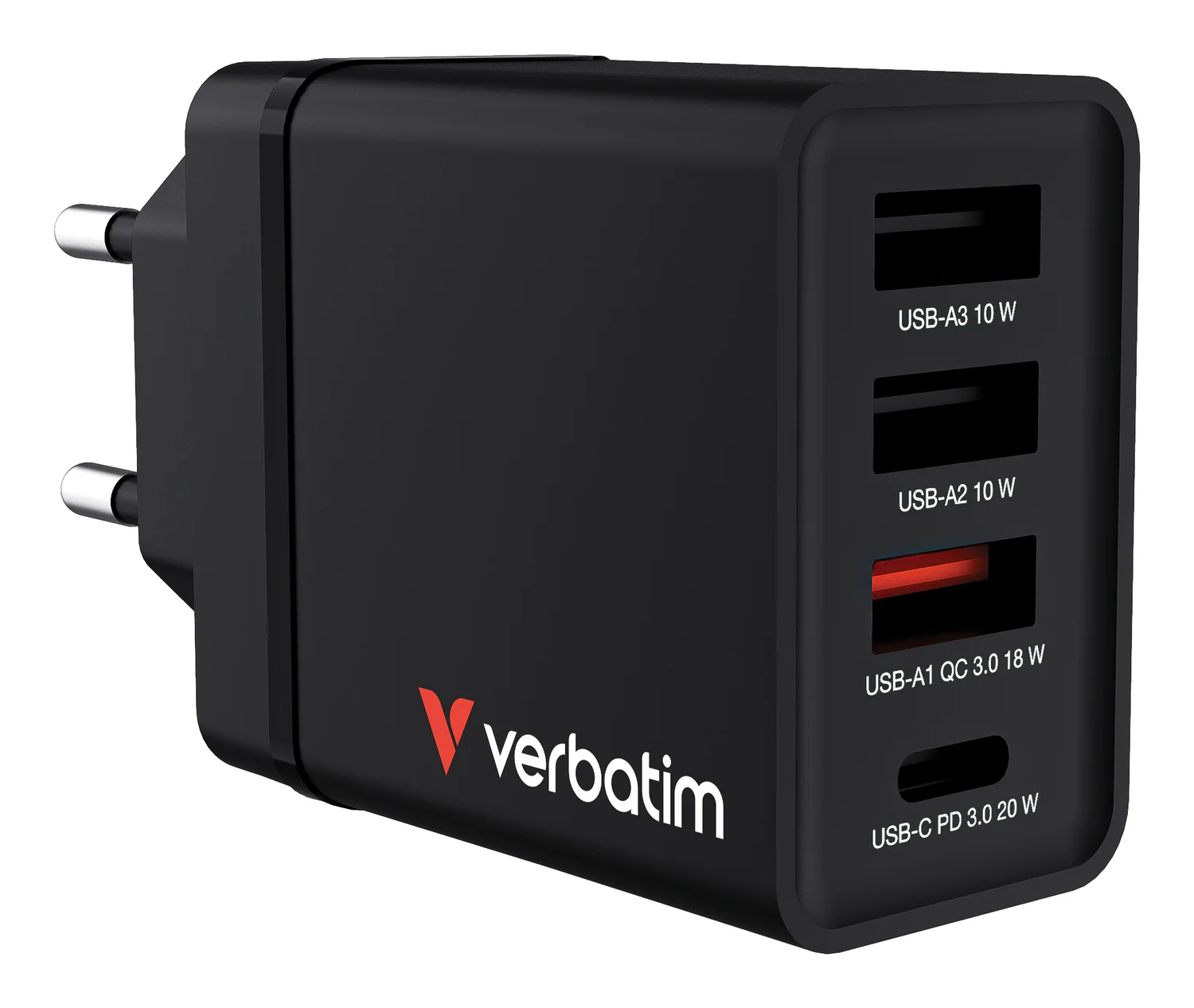 Carregador de Parede Verbatim 30W 4 Portas 1x USB-C PD 20W 3x USB-A QC 3.0 Preto