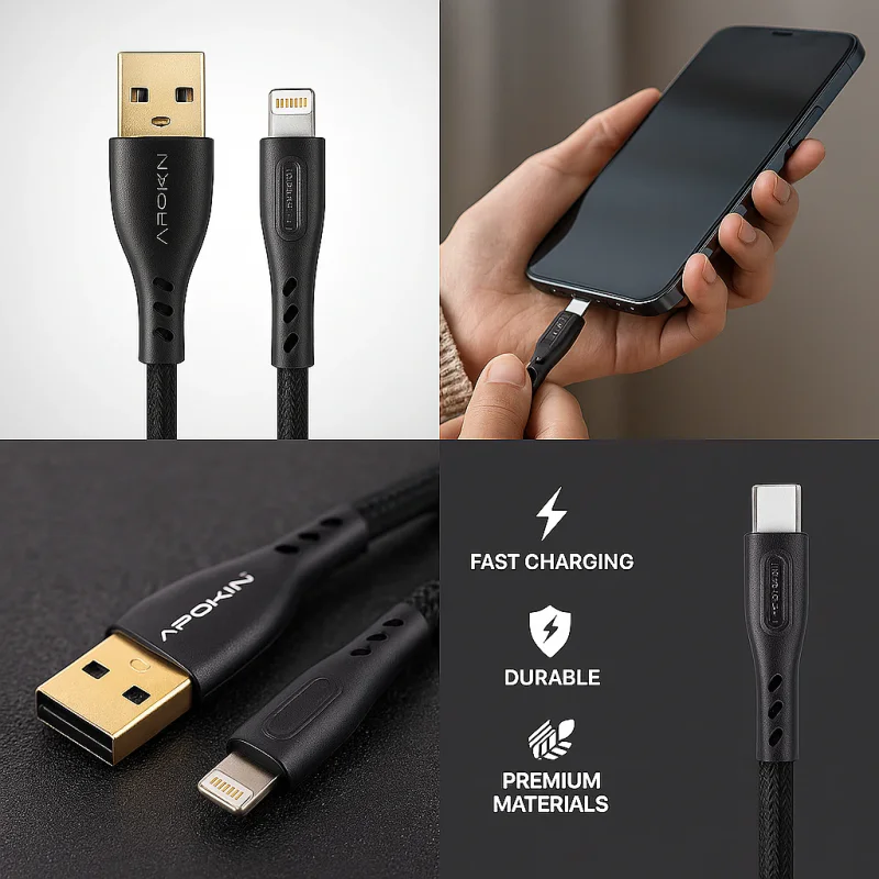 Cabo USB para Lightning Apokin 1 m 12 W 2,4 A Preto - Imagem 2