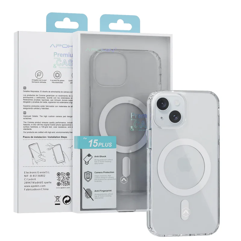 Capa Apokin para iPhone 15 Plus Acrílica Transparente com MagSafe Branco