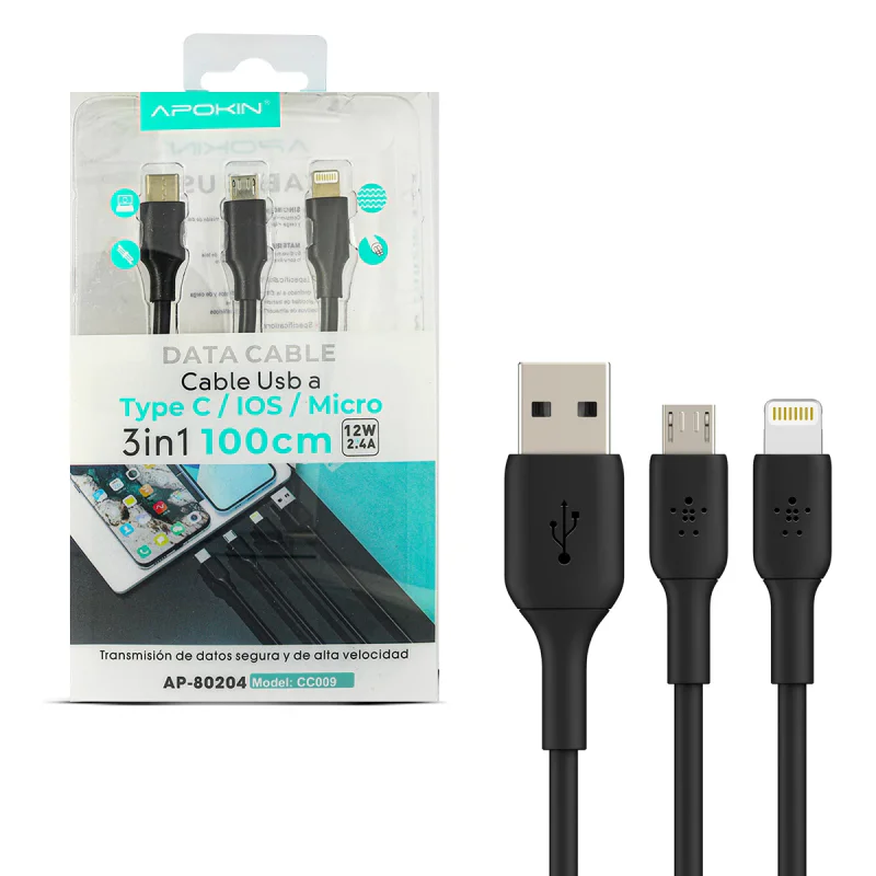 Cabo Apokin 3 em 1 Lightning Micro-USB e USB-C de Dados e Carga 1 m Preto