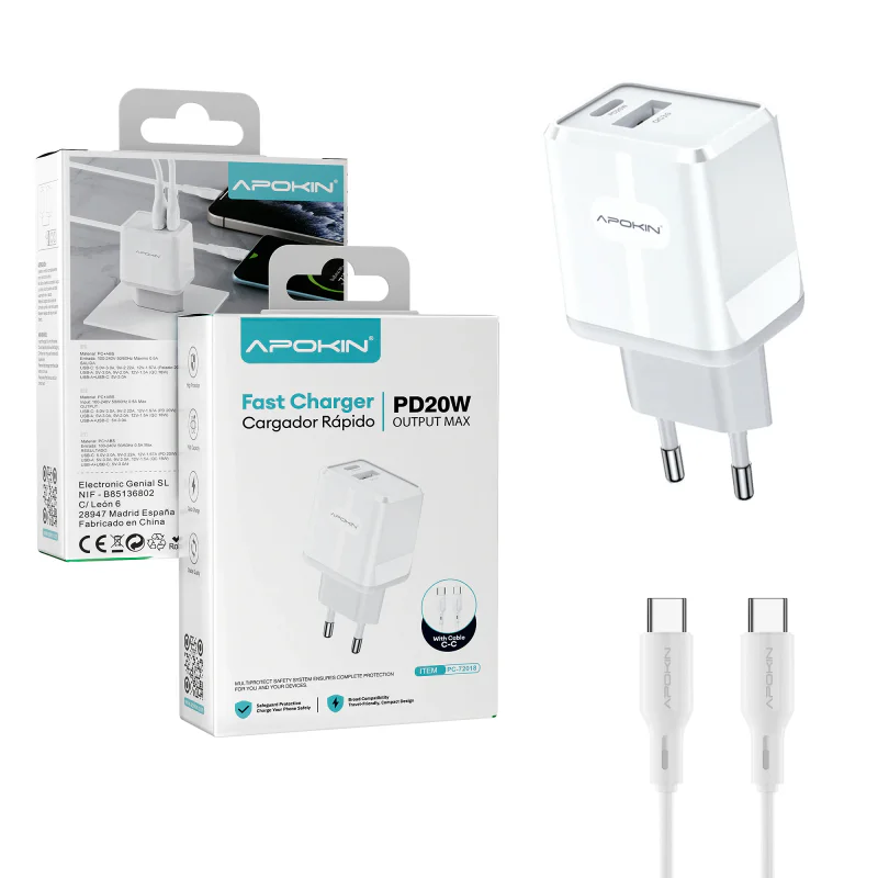 Carregador de Parede Apokin USB-A e USB-C PD 20 W com Cabo USB-C Branco