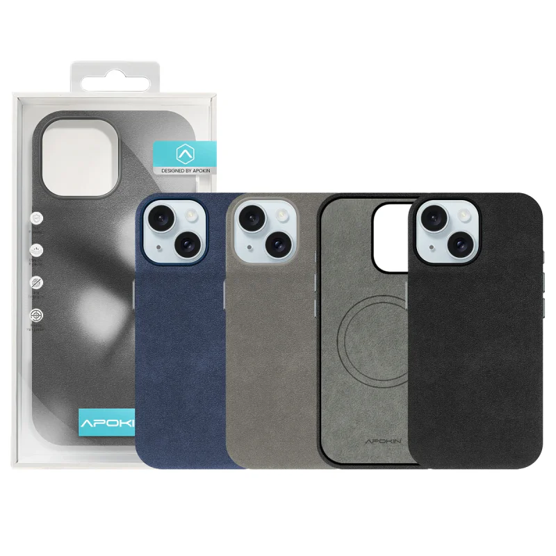 Capa Apokin para iPhone 15 Acabamento Alcantara Azul