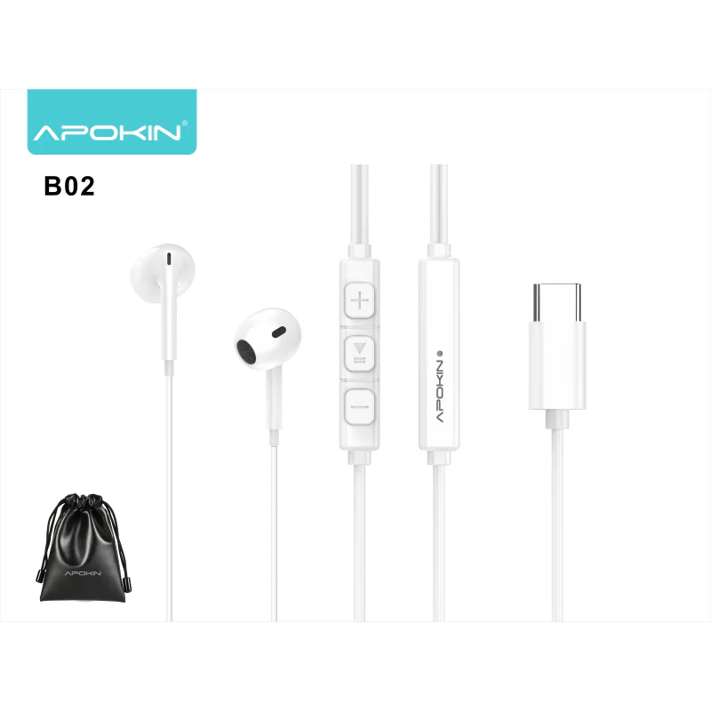 Auriculares Apokin com Fio USB Type-C com Microfone e Controlo Branco - Imagem 2