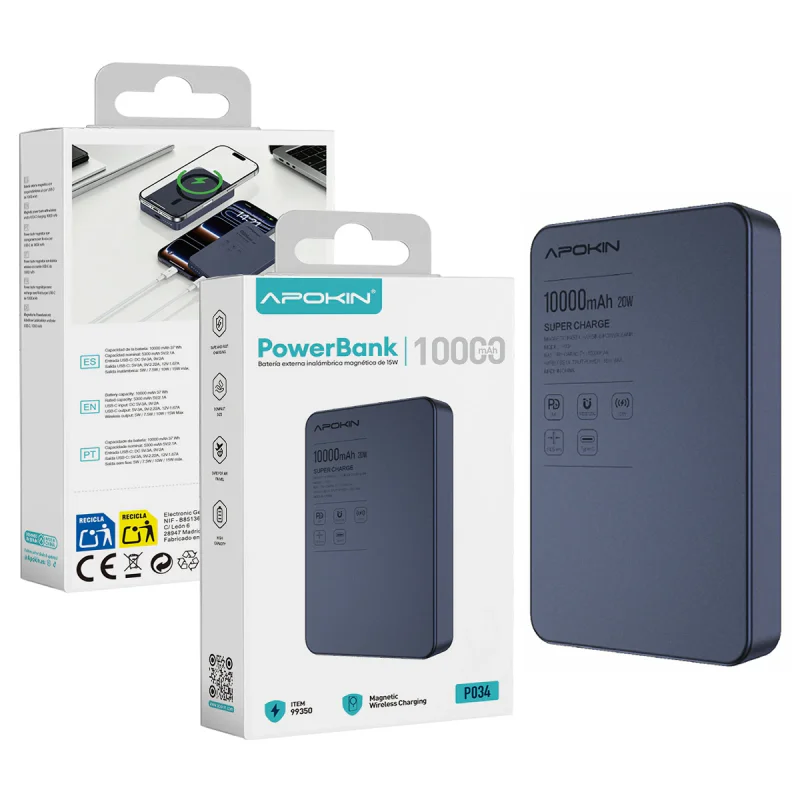 Powerbank Apokin 10 000 mAh Magnético sem Fios e USB-C Azul
