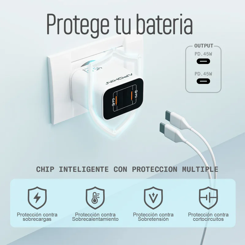 Carregador de Rede Apokin Duplo USB-C 45 W Branco - Imagem 3