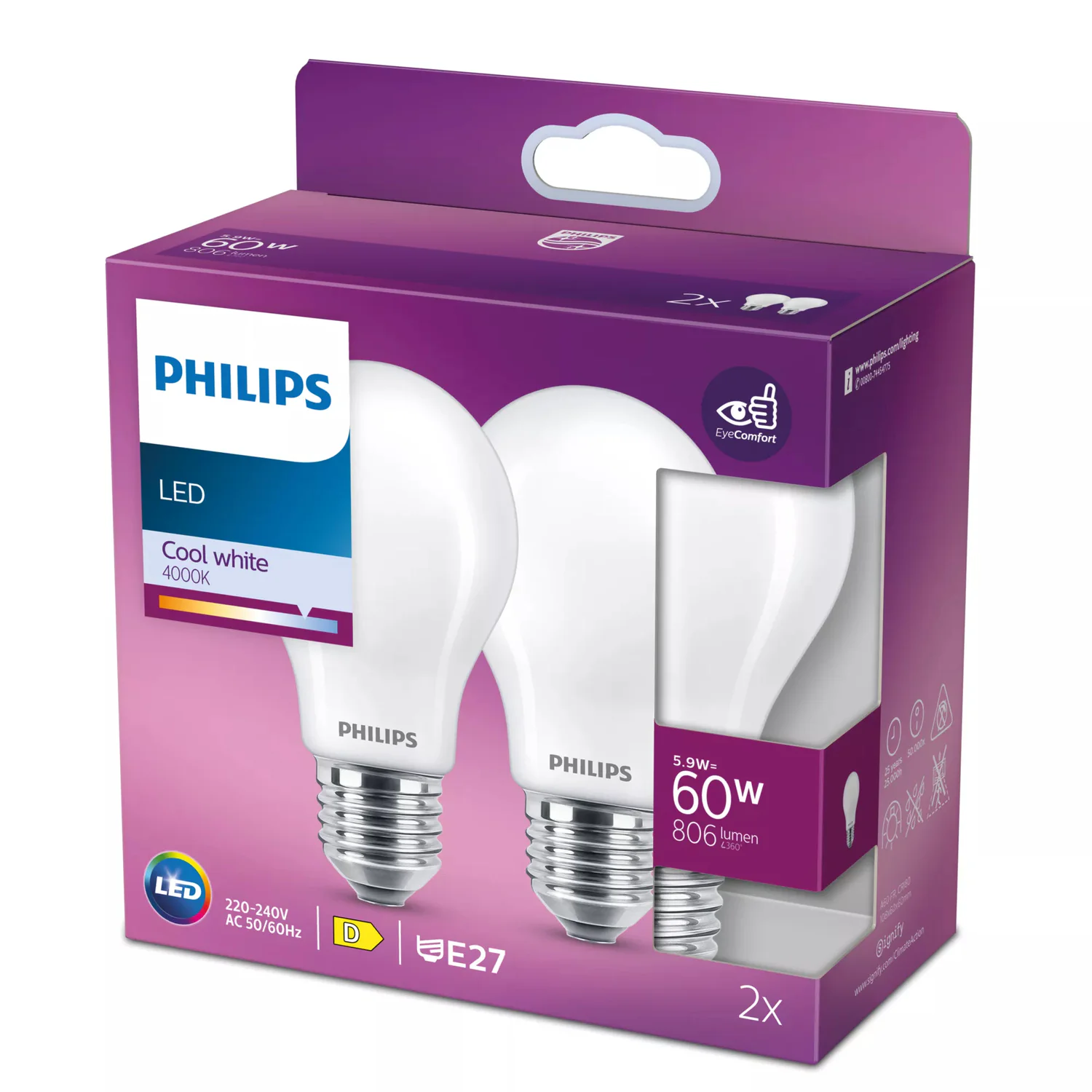 Pack 2 Lâmpadas LED Philips A60 E27 60W 806 lm Branco Neutro 4000K Fosca - Imagem 2