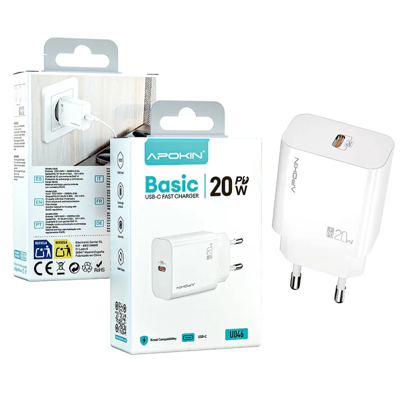 Carregador de Parede Apokin USB-C Power Delivery 20 W 3.0 A sem Cabo Branco
