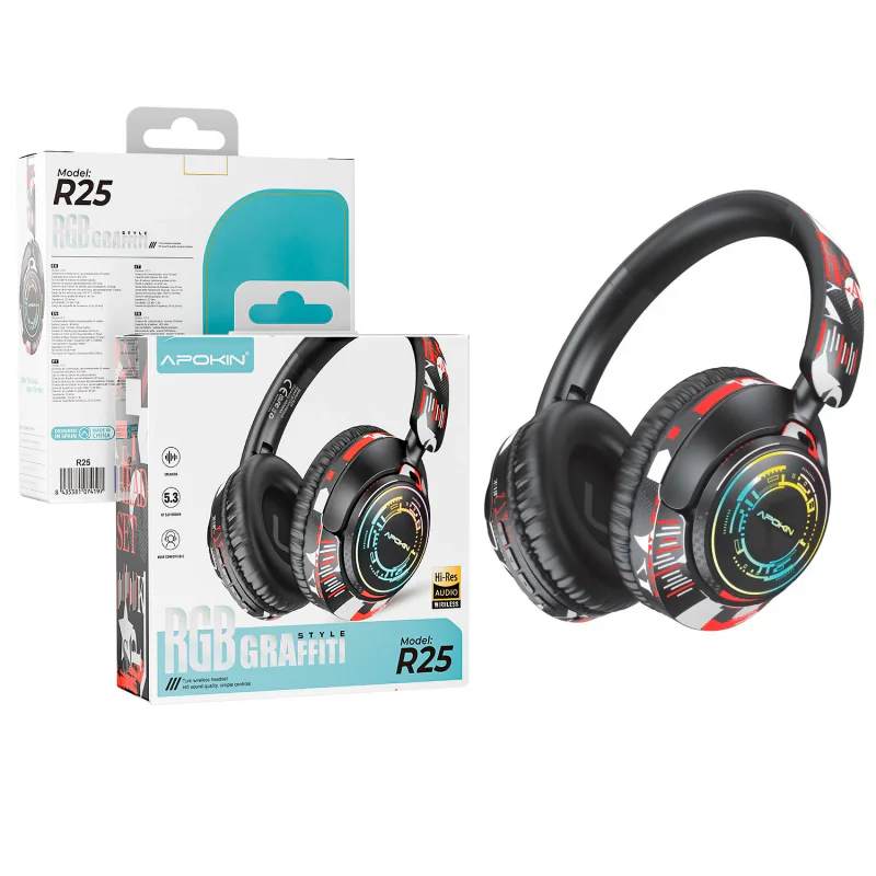Auscultadores Gaming Bluetooth Apokin R25 com Luz RGB Sem Fios