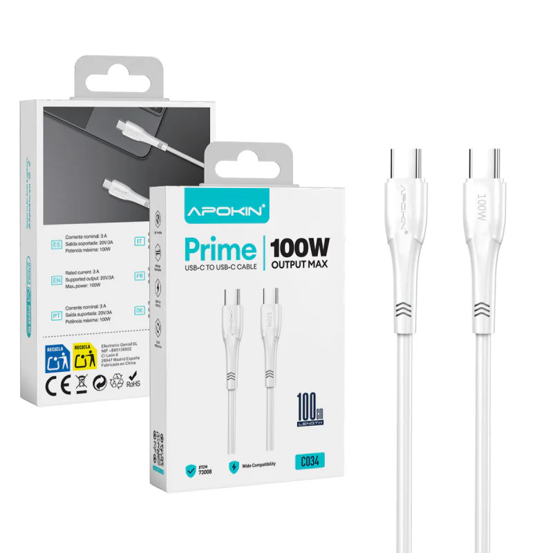 Cabo USB-C para USB-C Apokin 100 W 1 m Branco