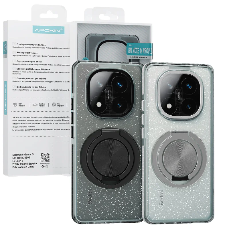 Capa Apokin com Suporte 360 e Purpurina para Xiaomi Redmi Note 14 Pro+ 5G Prata