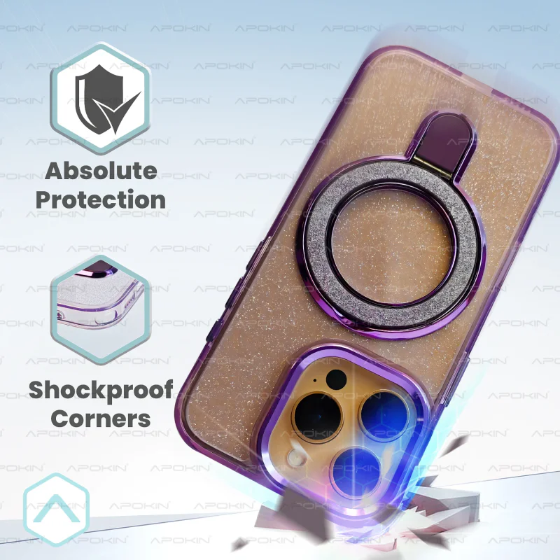 Capa Apokin para iPhone 13 e iPhone 14 com Purpurina e Anel MagSafe Rosa - Imagem 6