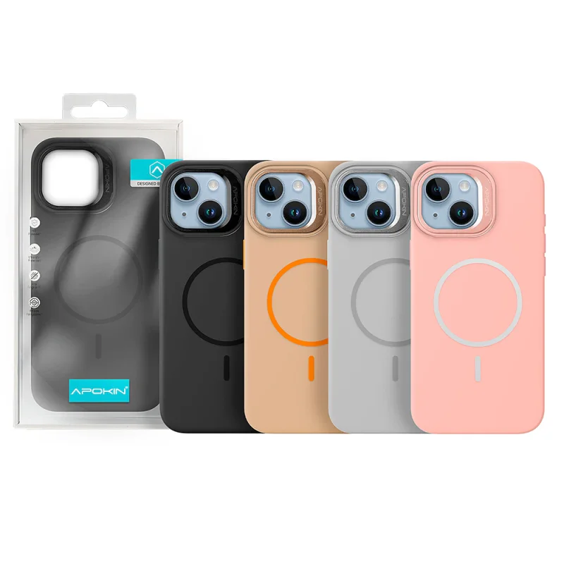 Capa de Silicone Apokin com MagSafe e Suporte para iPhone 13 e 14 Dourado