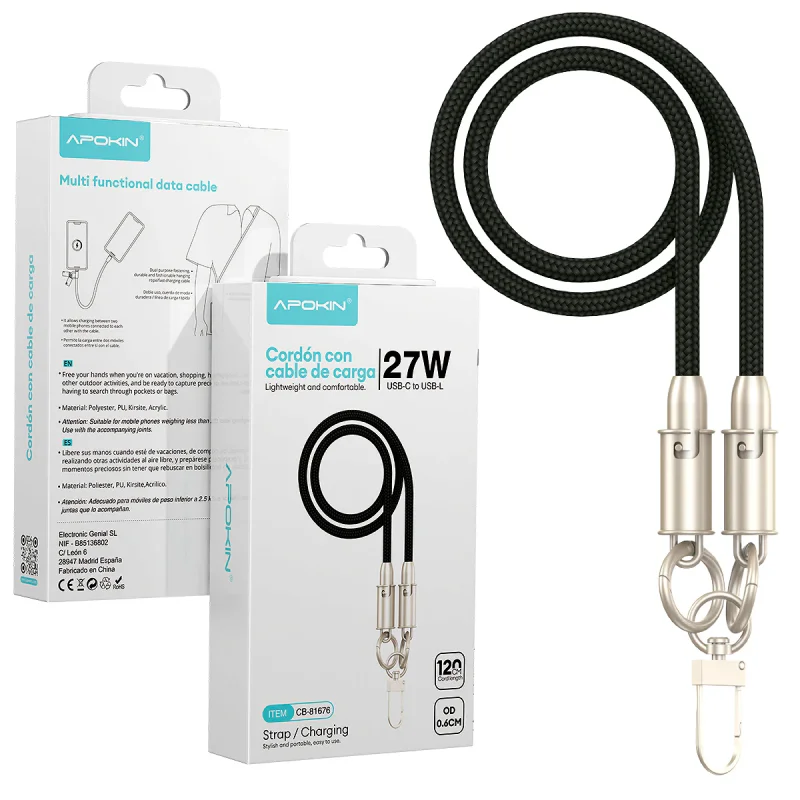 Cabo Apokin USB-C para Lightning Cordão 2 em 1 27 W 120 cm Preto
