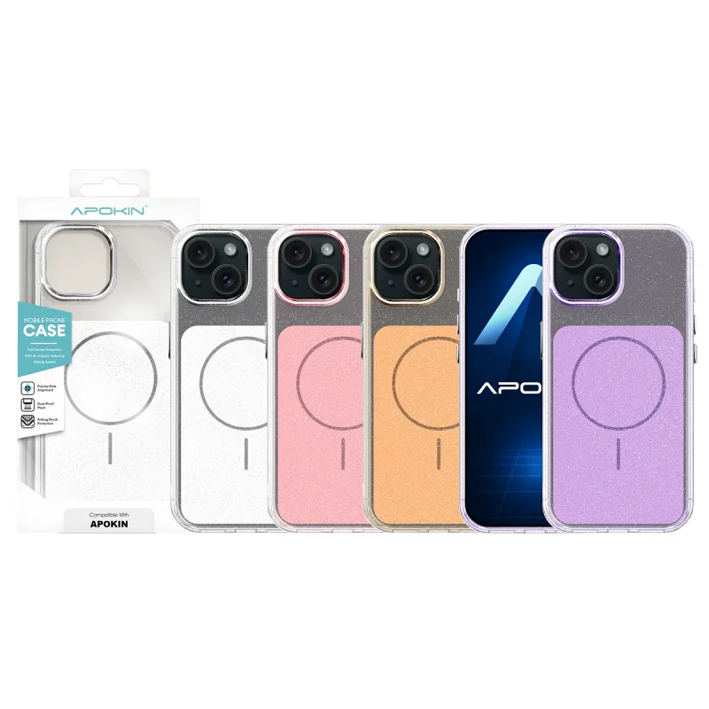 Capa Acrílica Apokin com MagSafe e Purpurina para iPhone 15 Rosa