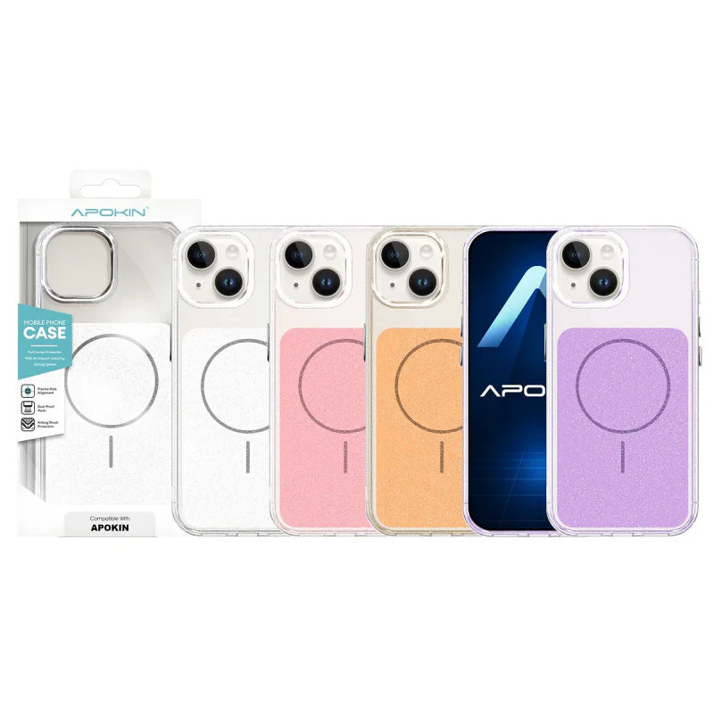 Capa Apokin para iPhone 14 Acrílica com MagSafe e Purpurina Rosa