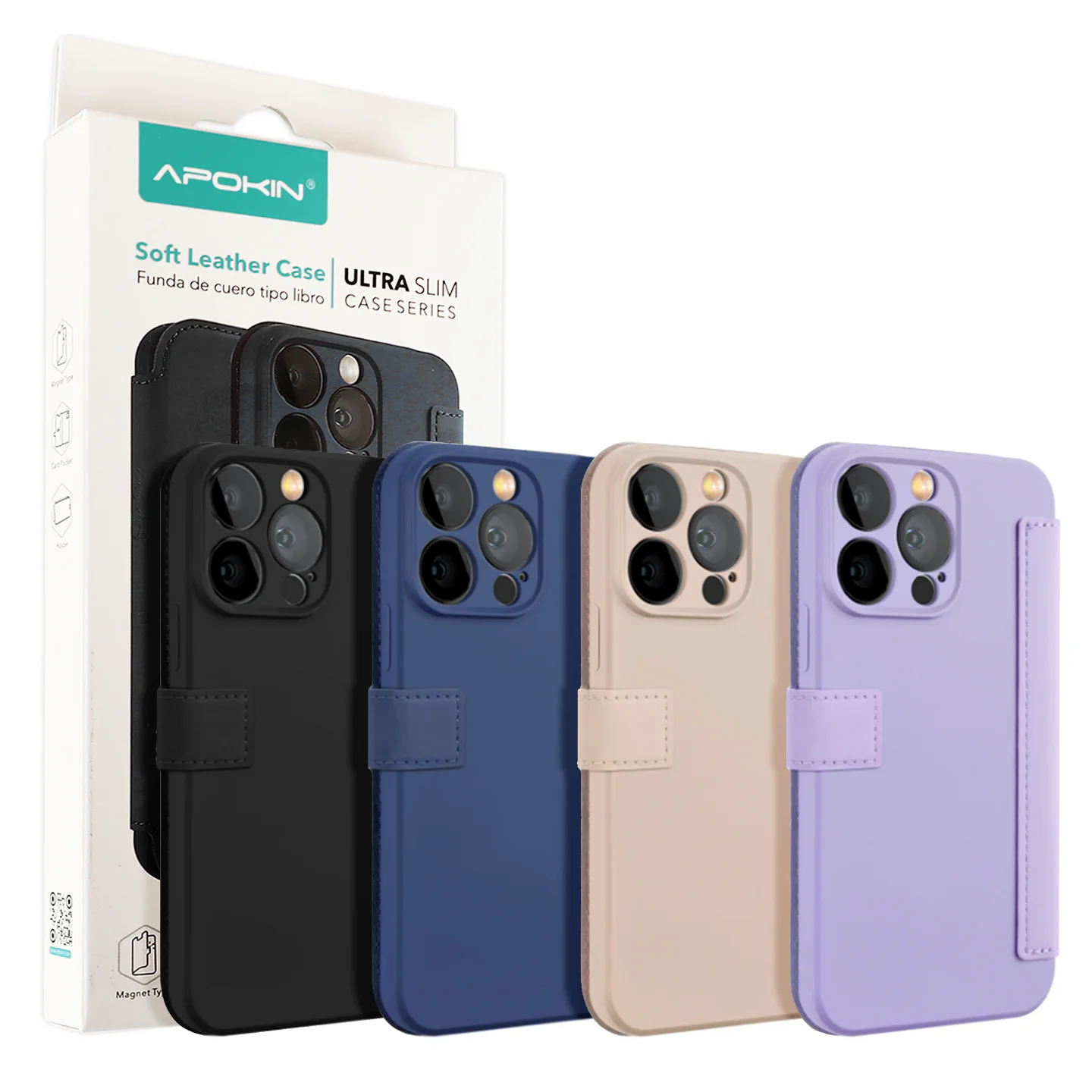 Capa Tipo Livro Apokin para iPhone 15, Couro Macio Ultra Slim - Imagem 2