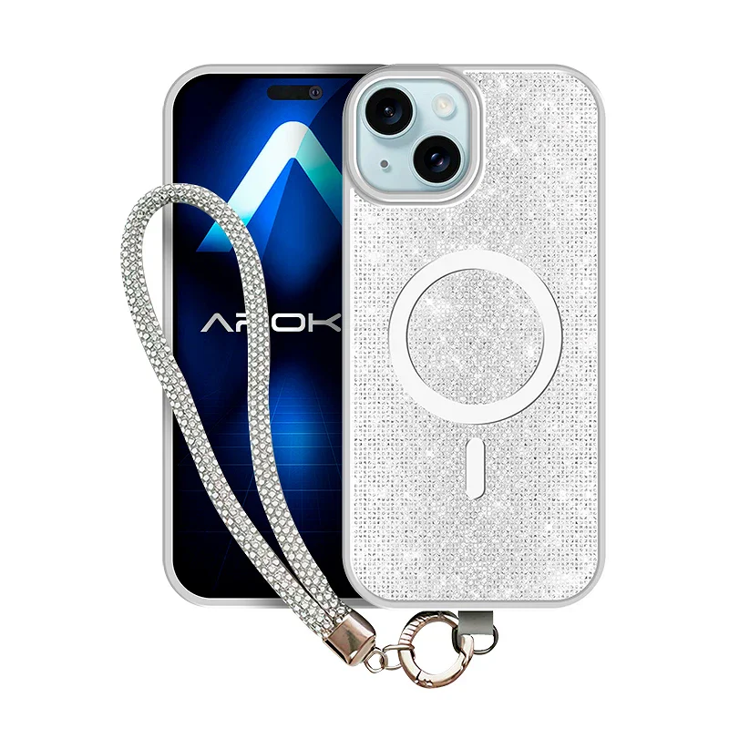 Capa Apokin para iPhone 15 com MagSafe Diamantes e Alça Preto - Imagem 3