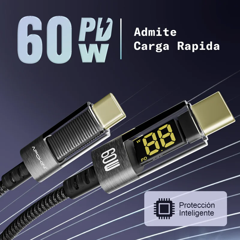 Cabo USB-C para USB-C Apokin Smart Pro 60 W com Ecrã Digital Preto - Imagem 3