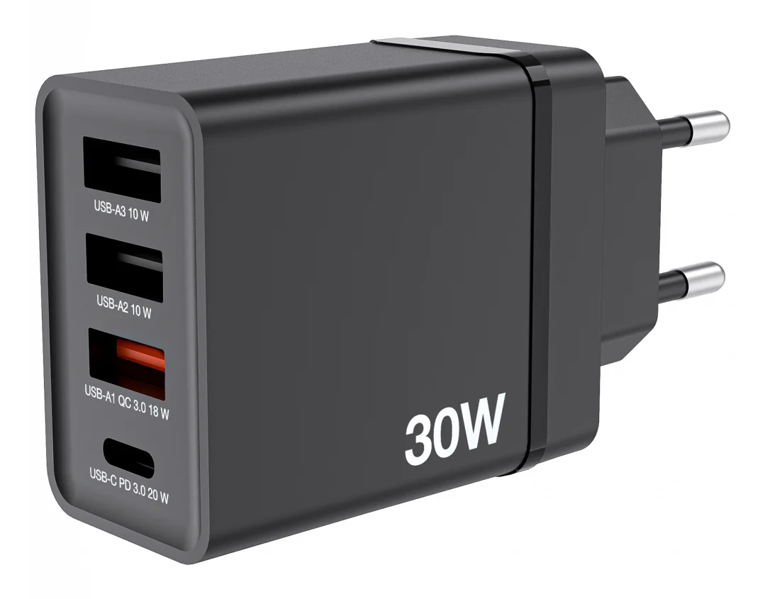 Carregador de Parede Verbatim 30W 4 Portas 1x USB-C PD 20W 3x USB-A QC 3.0 Preto - Imagem 2